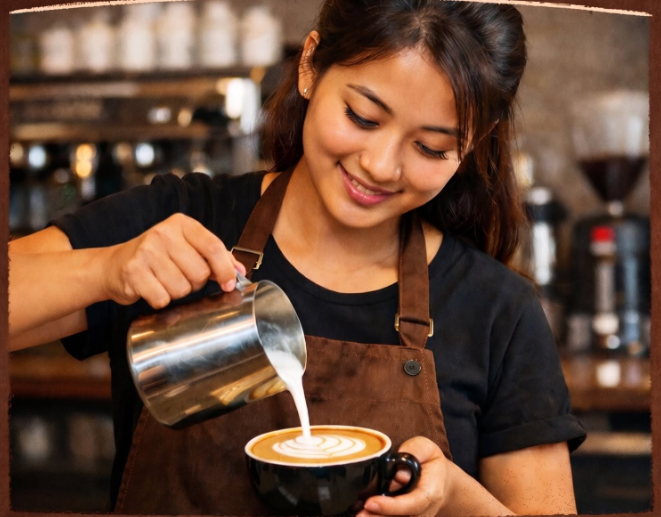 A Coffee Box barista pouring silky milk into a fresh latte